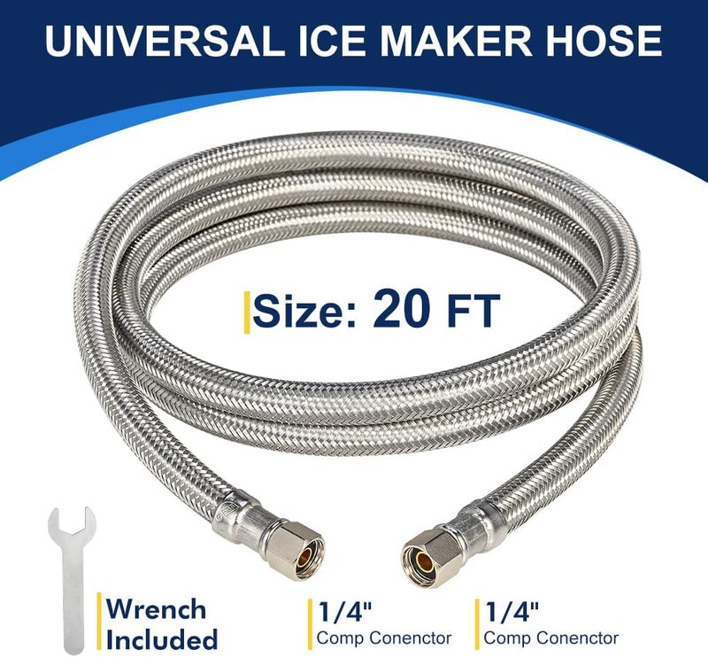 PLUMBINGMASTER 20FT Stainless Steel Braided Ice Maker Supply Line – 1/4″ Compression x 1/4″ Compression Fittings, Lead‑Free, Burst‑Proof, Universal Fit, NSF/UPC Certified, 10‑Year Warranty - Image 2